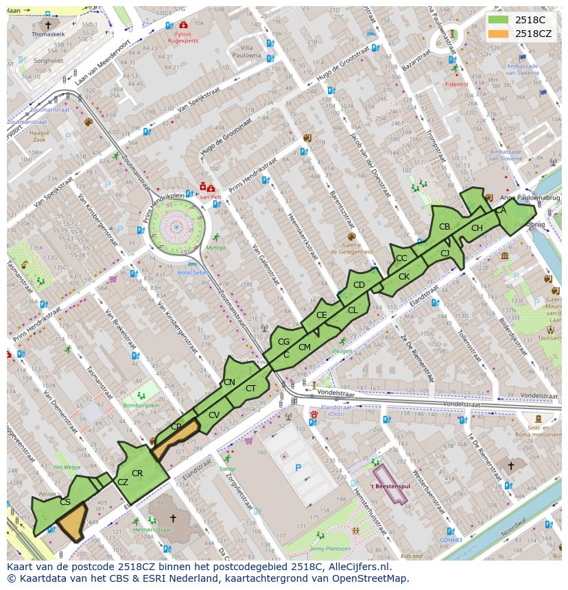 Afbeelding van het postcodegebied 2518 CZ op de kaart.