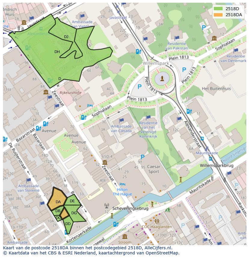 Afbeelding van het postcodegebied 2518 DA op de kaart.