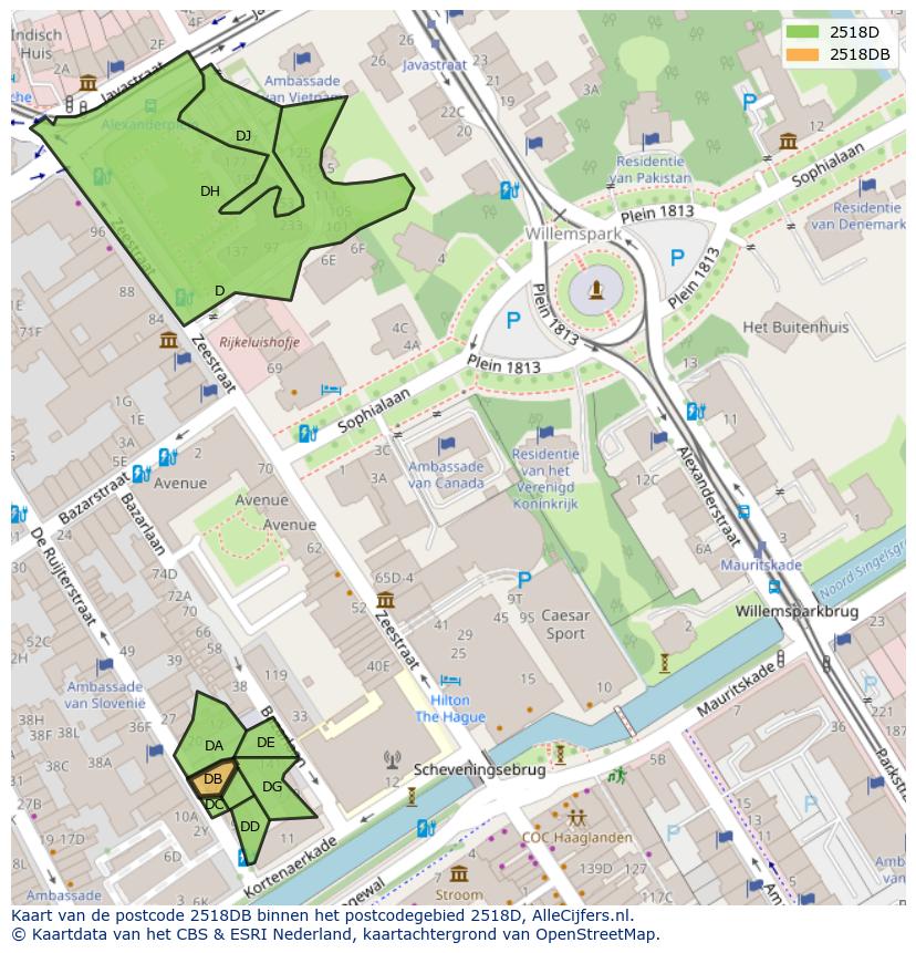 Afbeelding van het postcodegebied 2518 DB op de kaart.