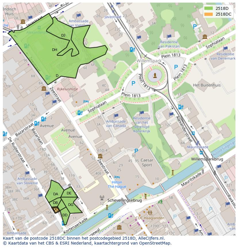 Afbeelding van het postcodegebied 2518 DC op de kaart.