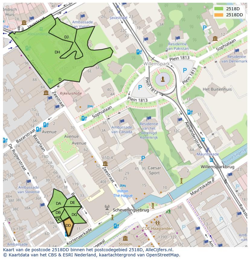 Afbeelding van het postcodegebied 2518 DD op de kaart.
