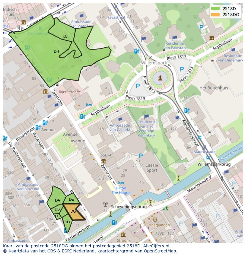 Afbeelding van het postcodegebied 2518 DG op de kaart.