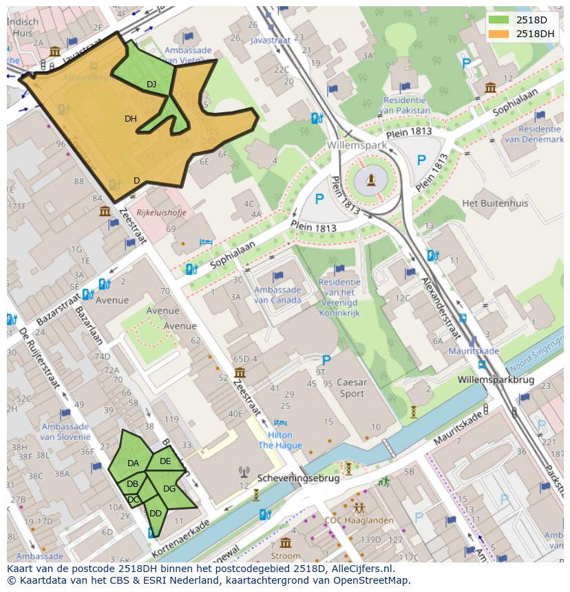 Afbeelding van het postcodegebied 2518 DH op de kaart.