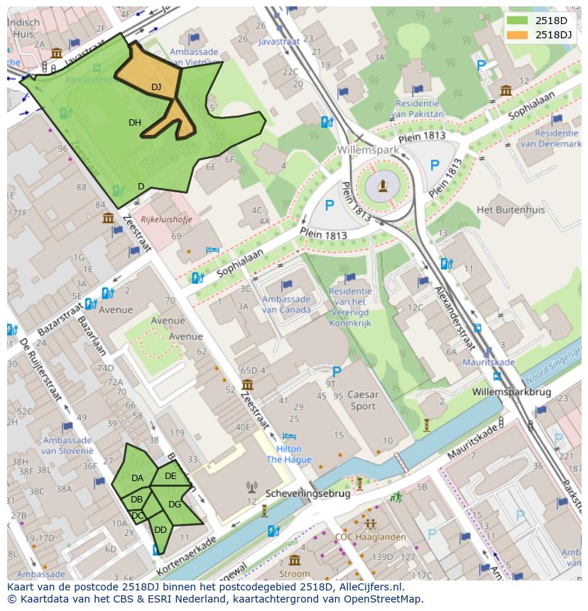 Afbeelding van het postcodegebied 2518 DJ op de kaart.