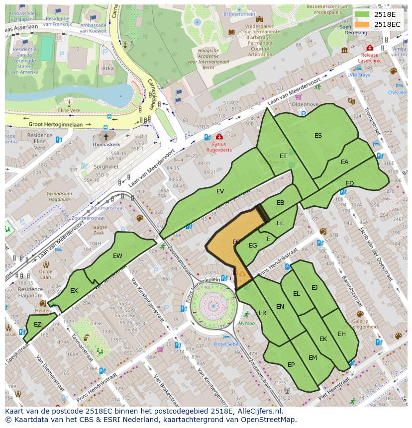 Afbeelding van het postcodegebied 2518 EC op de kaart.