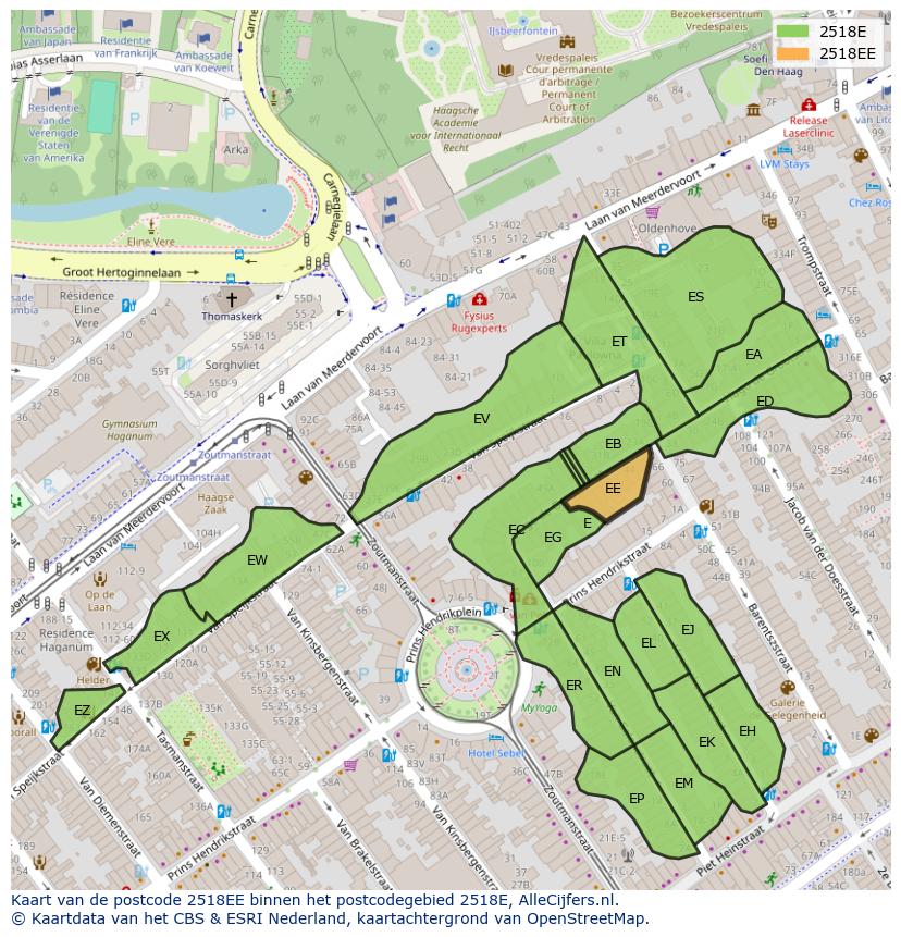 Afbeelding van het postcodegebied 2518 EE op de kaart.