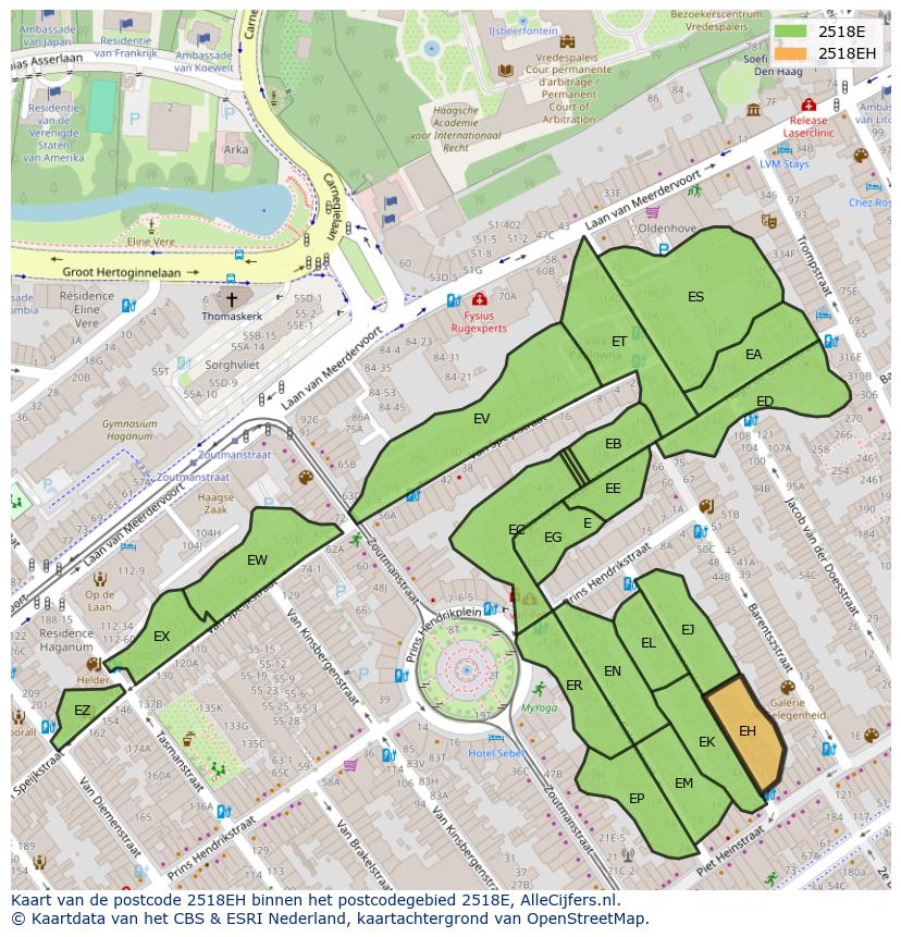 Afbeelding van het postcodegebied 2518 EH op de kaart.