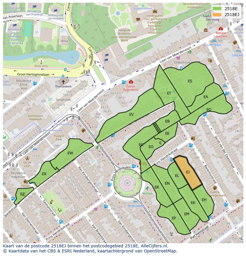 Afbeelding van het postcodegebied 2518 EJ op de kaart.