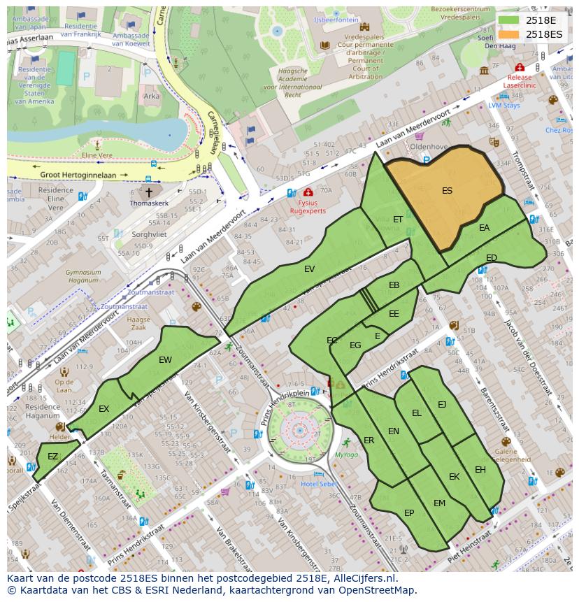 Afbeelding van het postcodegebied 2518 ES op de kaart.