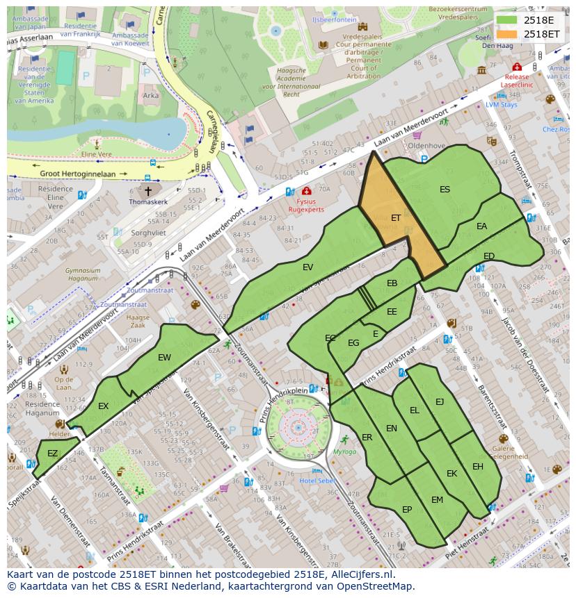 Afbeelding van het postcodegebied 2518 ET op de kaart.