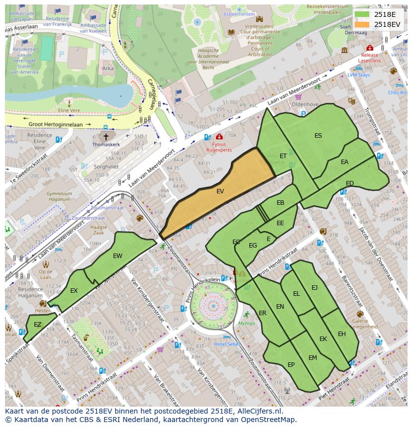 Afbeelding van het postcodegebied 2518 EV op de kaart.