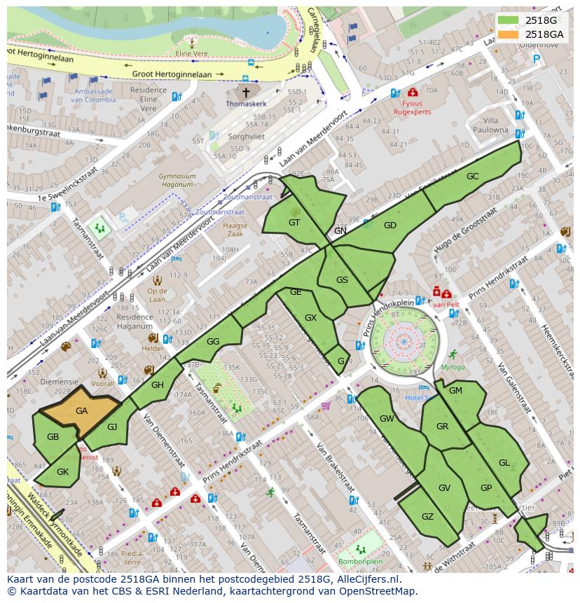 Afbeelding van het postcodegebied 2518 GA op de kaart.