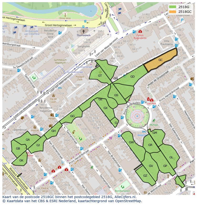 Afbeelding van het postcodegebied 2518 GC op de kaart.