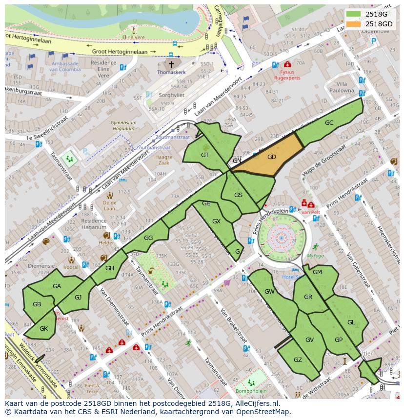 Afbeelding van het postcodegebied 2518 GD op de kaart.