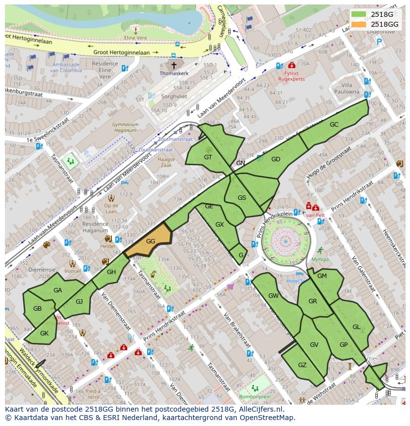 Afbeelding van het postcodegebied 2518 GG op de kaart.