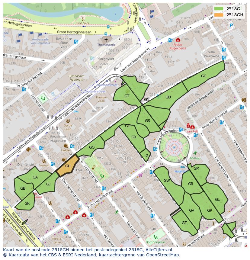Afbeelding van het postcodegebied 2518 GH op de kaart.
