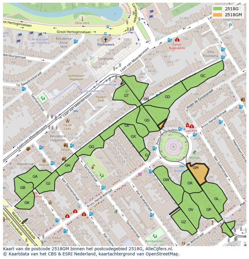 Afbeelding van het postcodegebied 2518 GM op de kaart.