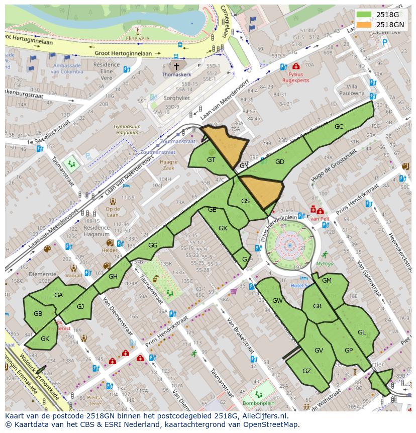 Afbeelding van het postcodegebied 2518 GN op de kaart.