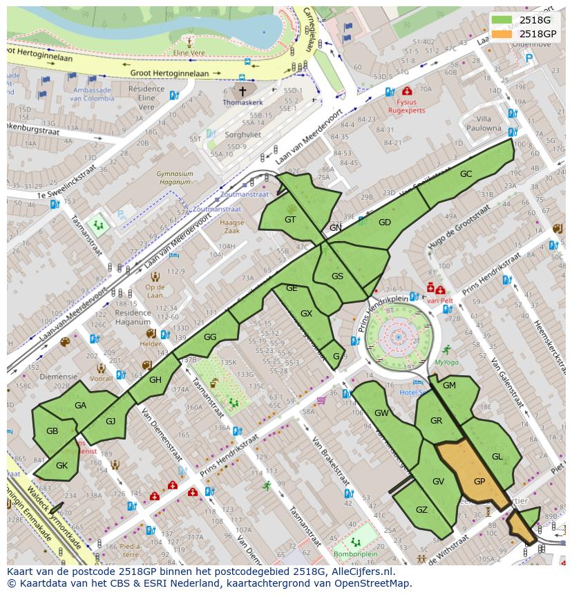 Afbeelding van het postcodegebied 2518 GP op de kaart.