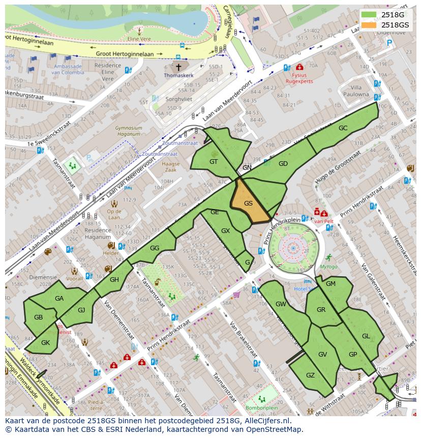 Afbeelding van het postcodegebied 2518 GS op de kaart.