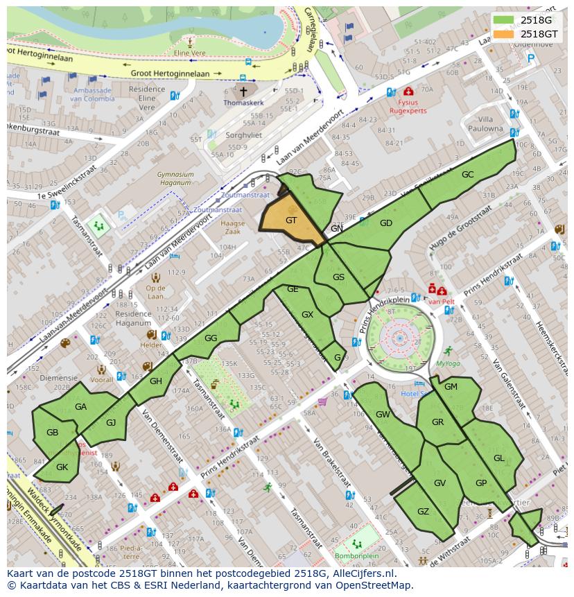 Afbeelding van het postcodegebied 2518 GT op de kaart.