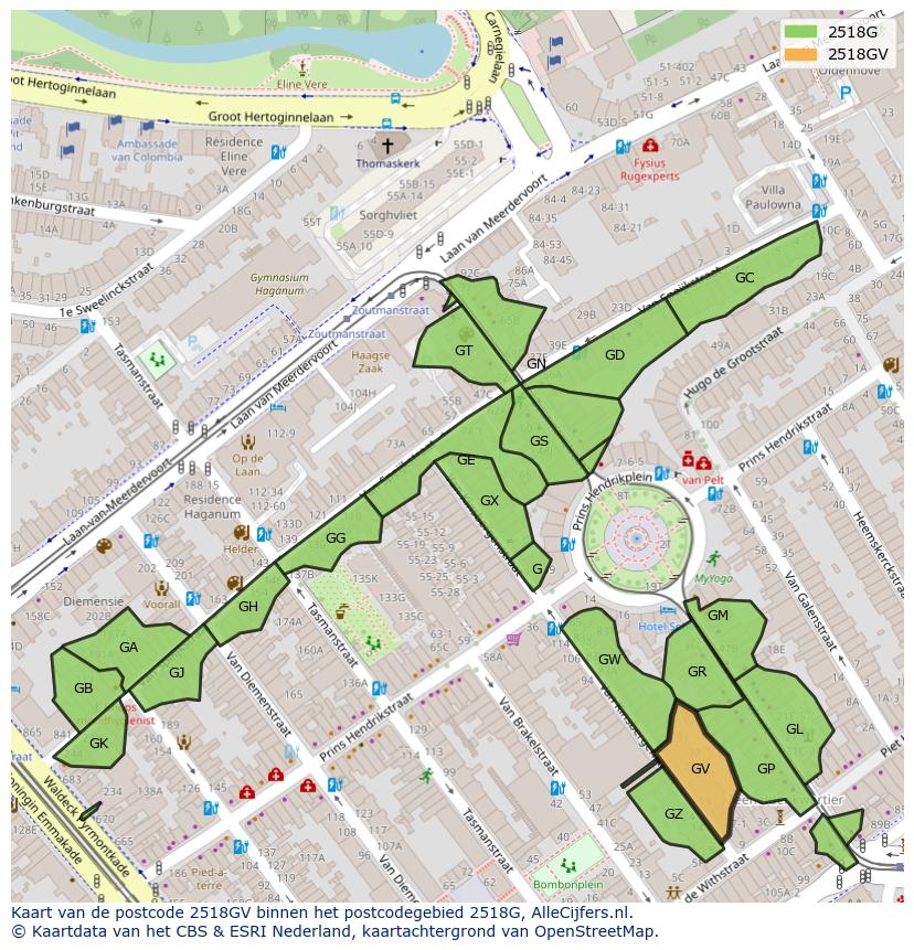 Afbeelding van het postcodegebied 2518 GV op de kaart.