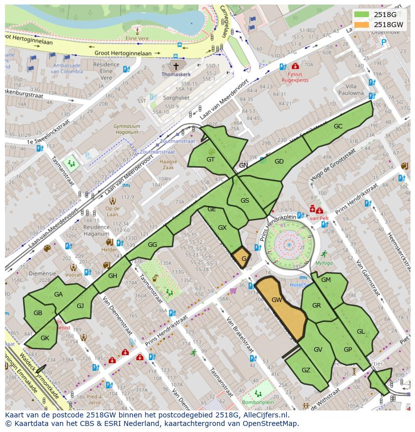 Afbeelding van het postcodegebied 2518 GW op de kaart.