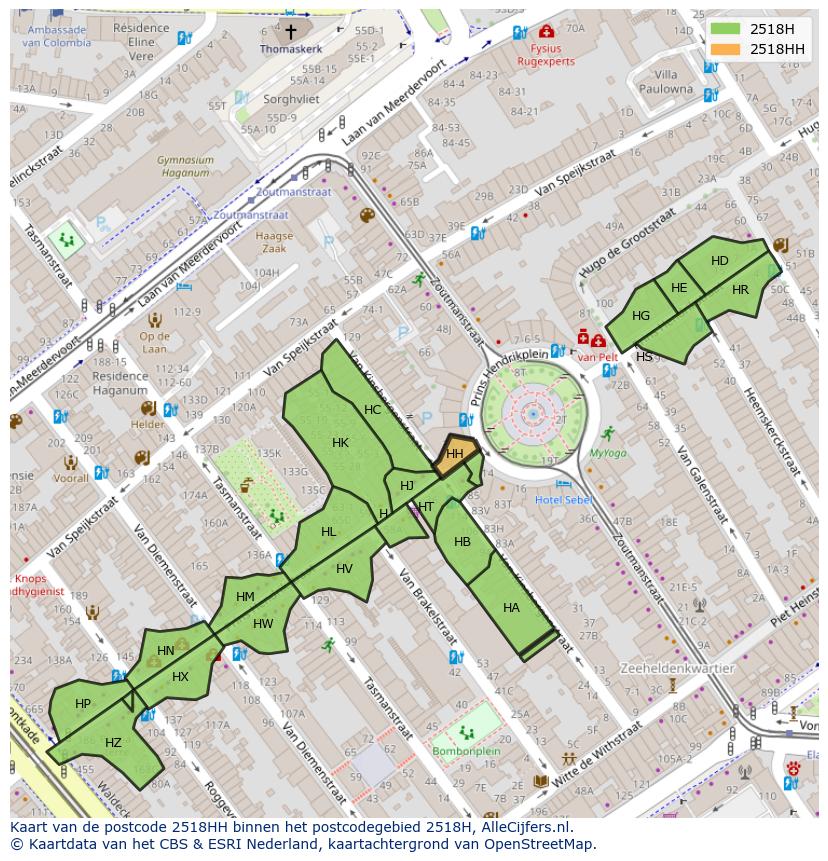 Afbeelding van het postcodegebied 2518 HH op de kaart.