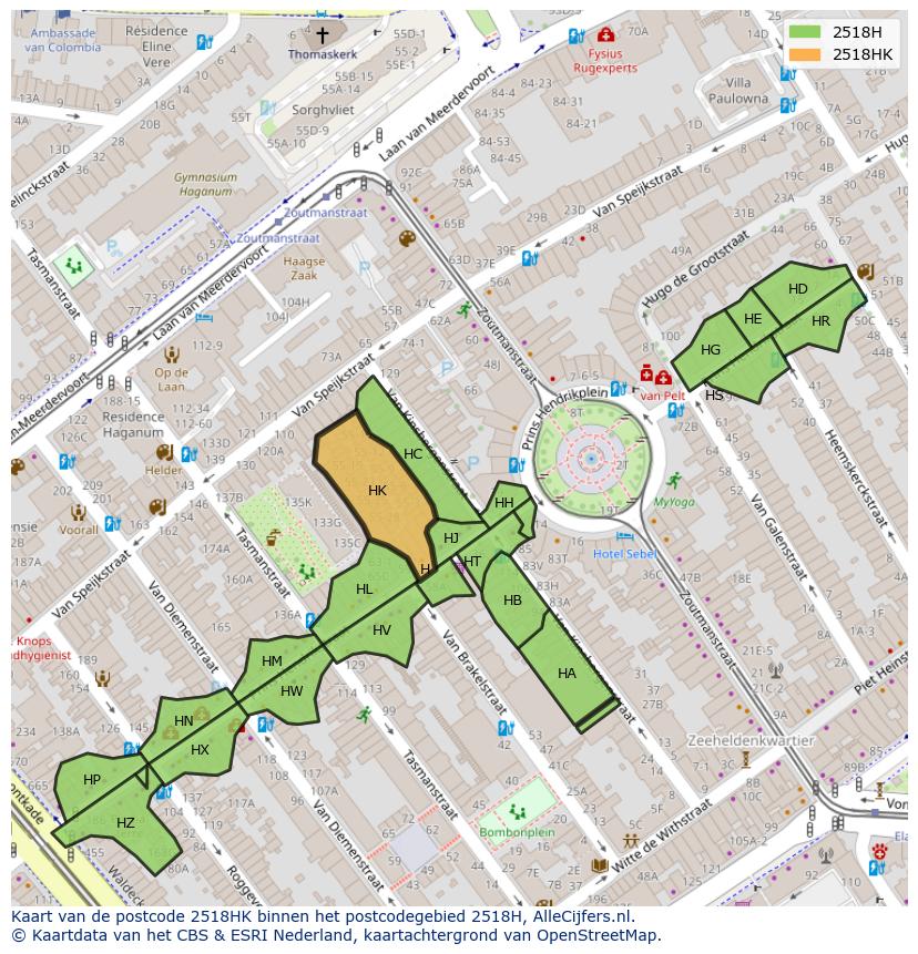 Afbeelding van het postcodegebied 2518 HK op de kaart.