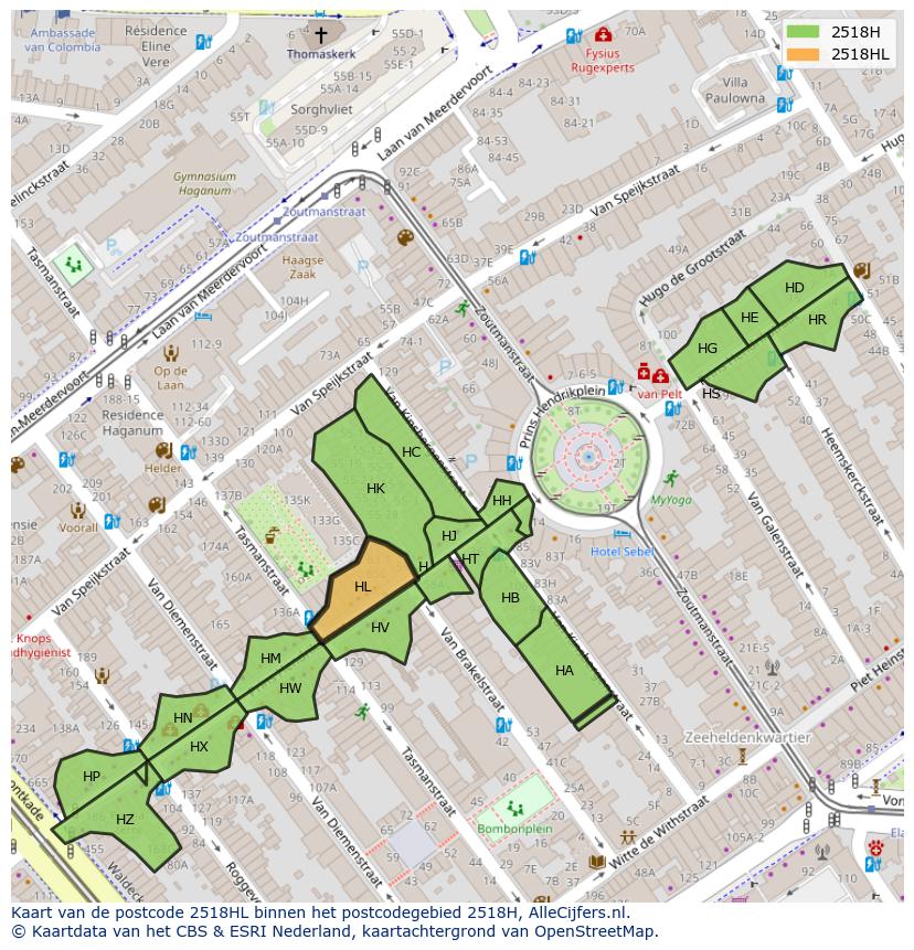 Afbeelding van het postcodegebied 2518 HL op de kaart.