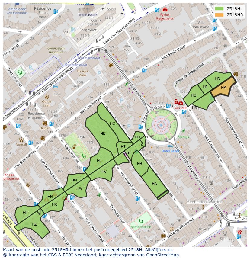 Afbeelding van het postcodegebied 2518 HR op de kaart.