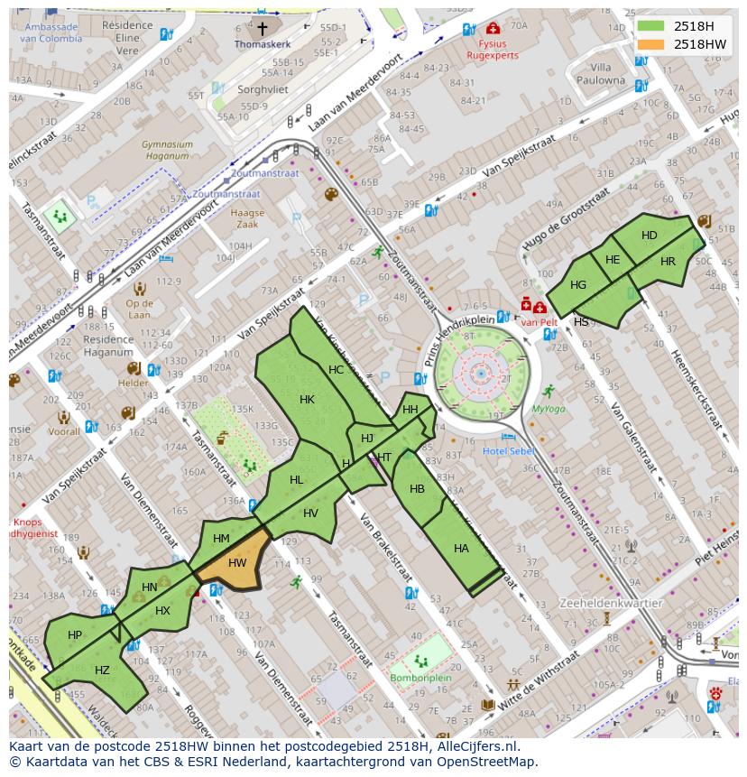 Afbeelding van het postcodegebied 2518 HW op de kaart.