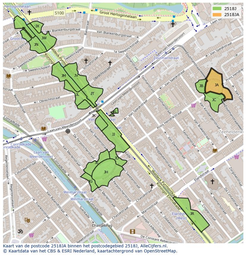 Afbeelding van het postcodegebied 2518 JA op de kaart.