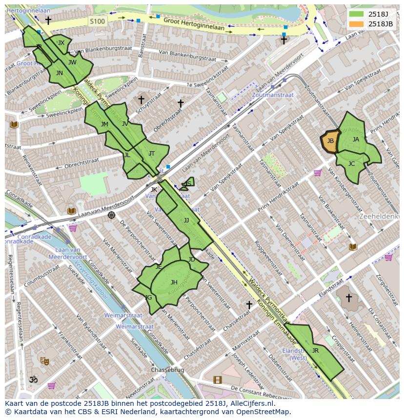 Afbeelding van het postcodegebied 2518 JB op de kaart.