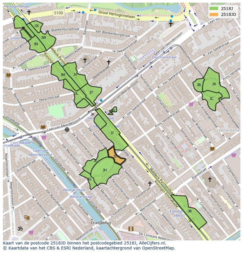 Afbeelding van het postcodegebied 2518 JD op de kaart.