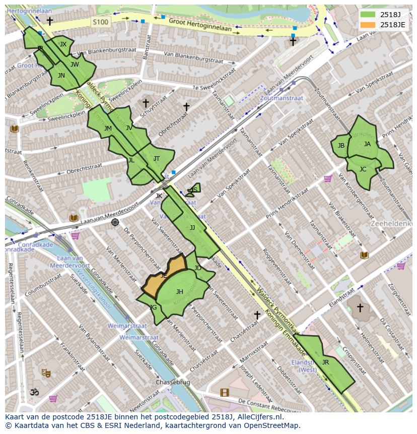 Afbeelding van het postcodegebied 2518 JE op de kaart.