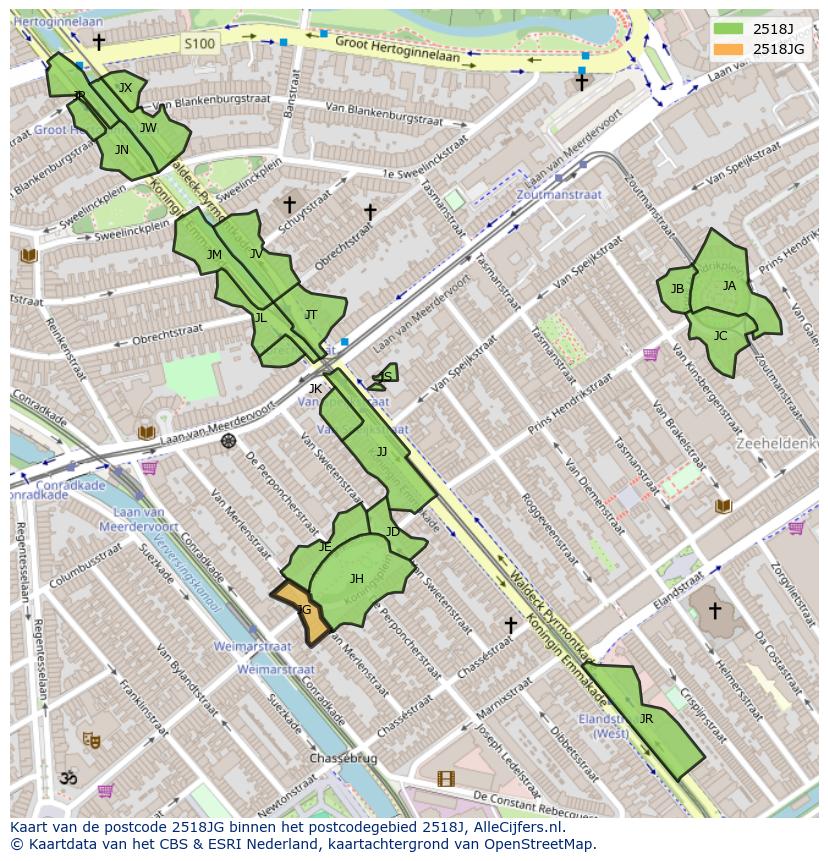 Afbeelding van het postcodegebied 2518 JG op de kaart.