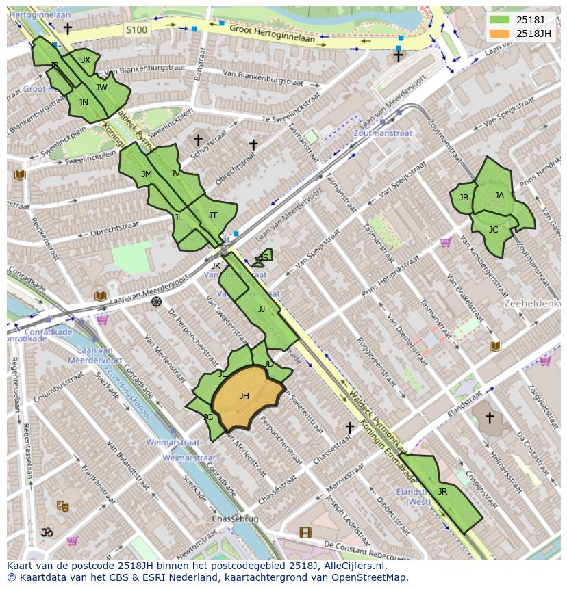 Afbeelding van het postcodegebied 2518 JH op de kaart.