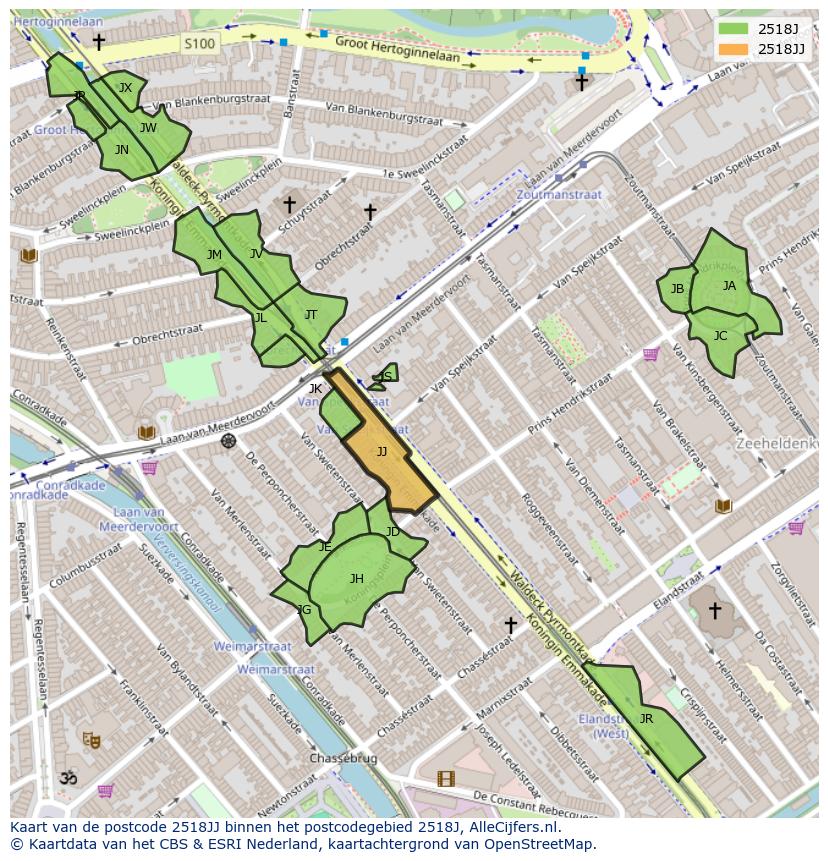 Afbeelding van het postcodegebied 2518 JJ op de kaart.