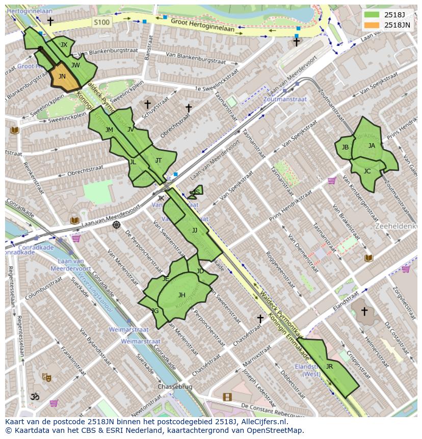 Afbeelding van het postcodegebied 2518 JN op de kaart.