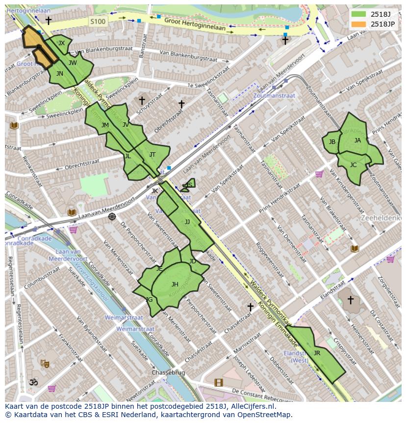 Afbeelding van het postcodegebied 2518 JP op de kaart.