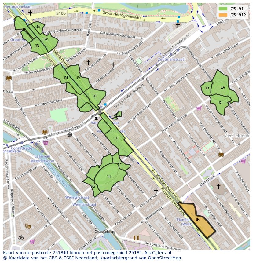 Afbeelding van het postcodegebied 2518 JR op de kaart.