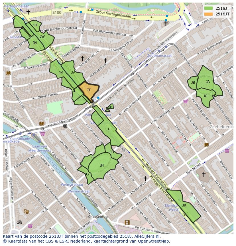 Afbeelding van het postcodegebied 2518 JT op de kaart.