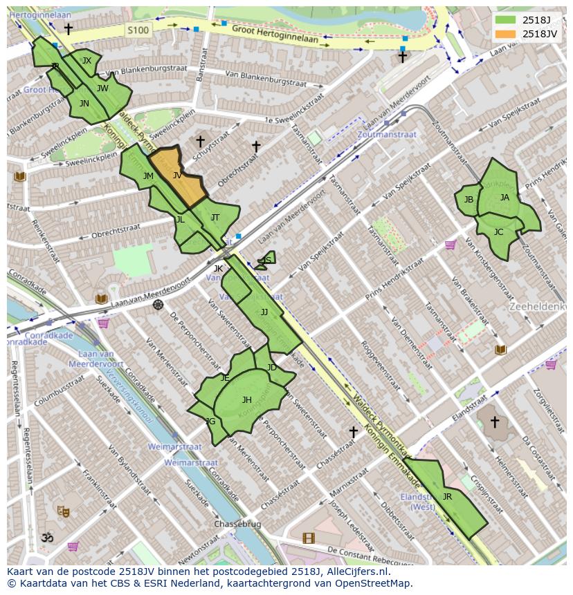 Afbeelding van het postcodegebied 2518 JV op de kaart.