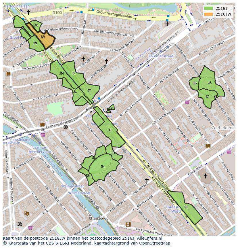 Afbeelding van het postcodegebied 2518 JW op de kaart.
