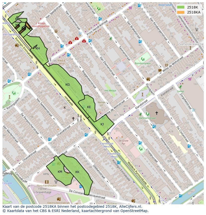 Afbeelding van het postcodegebied 2518 KA op de kaart.