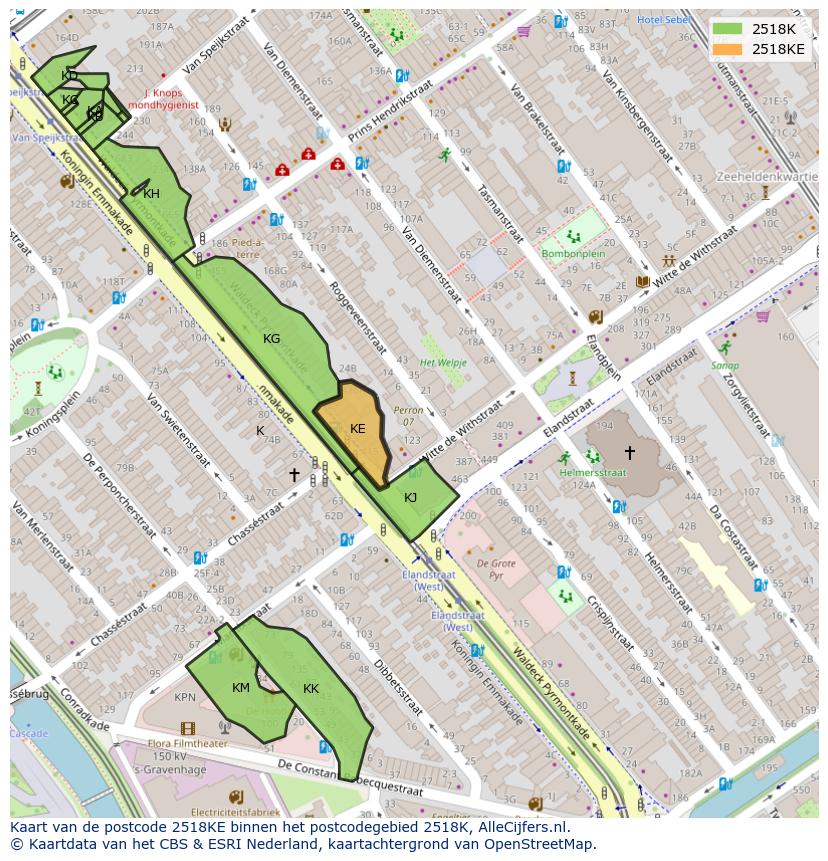 Afbeelding van het postcodegebied 2518 KE op de kaart.