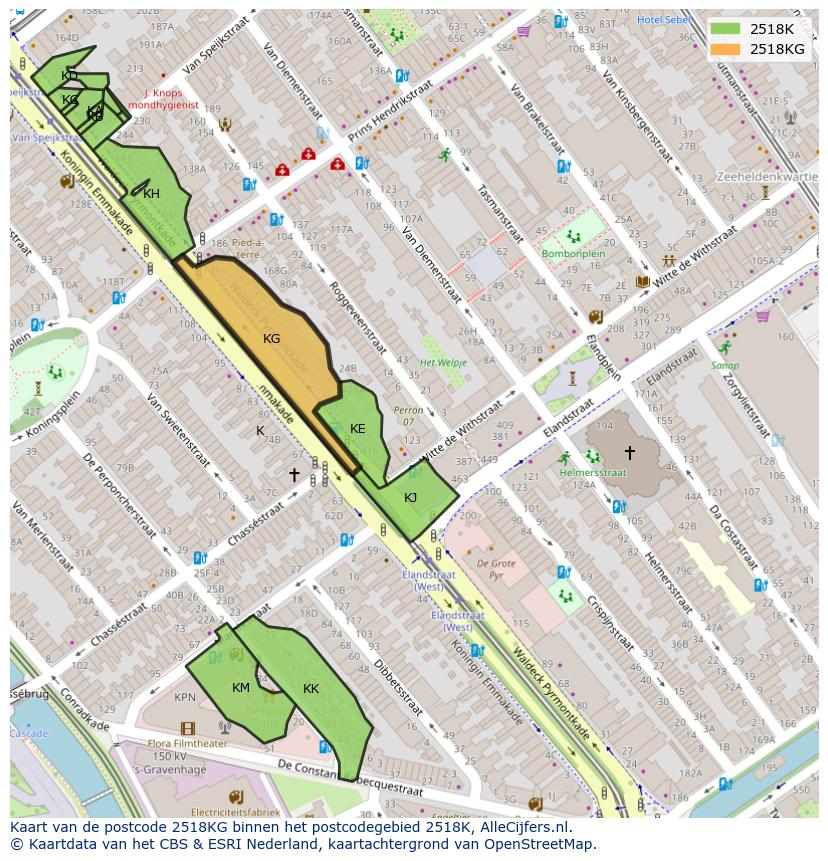Afbeelding van het postcodegebied 2518 KG op de kaart.