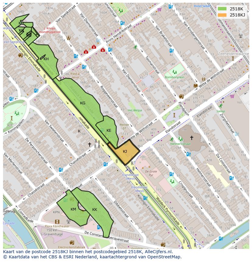 Afbeelding van het postcodegebied 2518 KJ op de kaart.