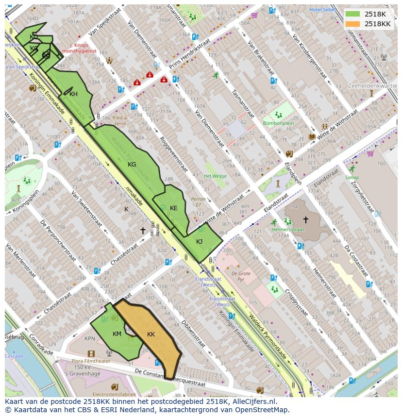 Afbeelding van het postcodegebied 2518 KK op de kaart.